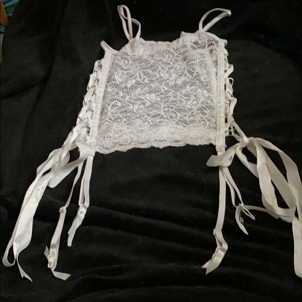 White intimate top w/ lace up sides/garter straps